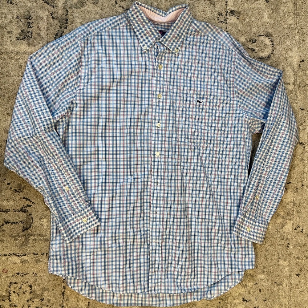 Vineyard Vines Mens Slim Fit Button Down Blue and Pink Plaid Sz XL